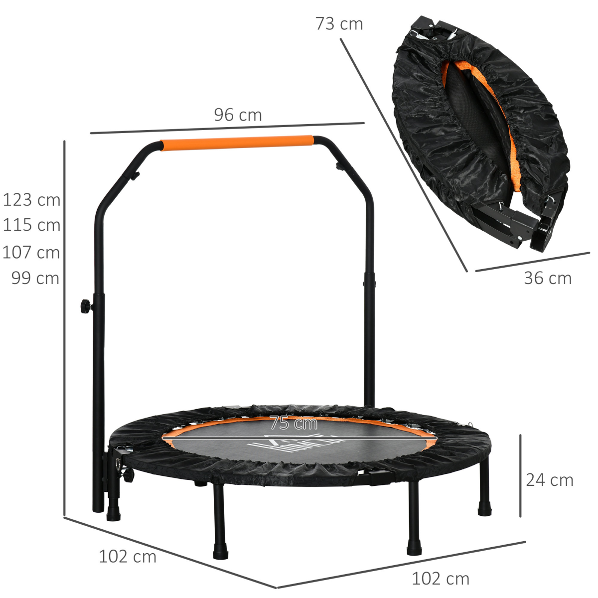 40in Foldable Mini Fitness Trampoline Rebounder with Adjustable Foam Handle