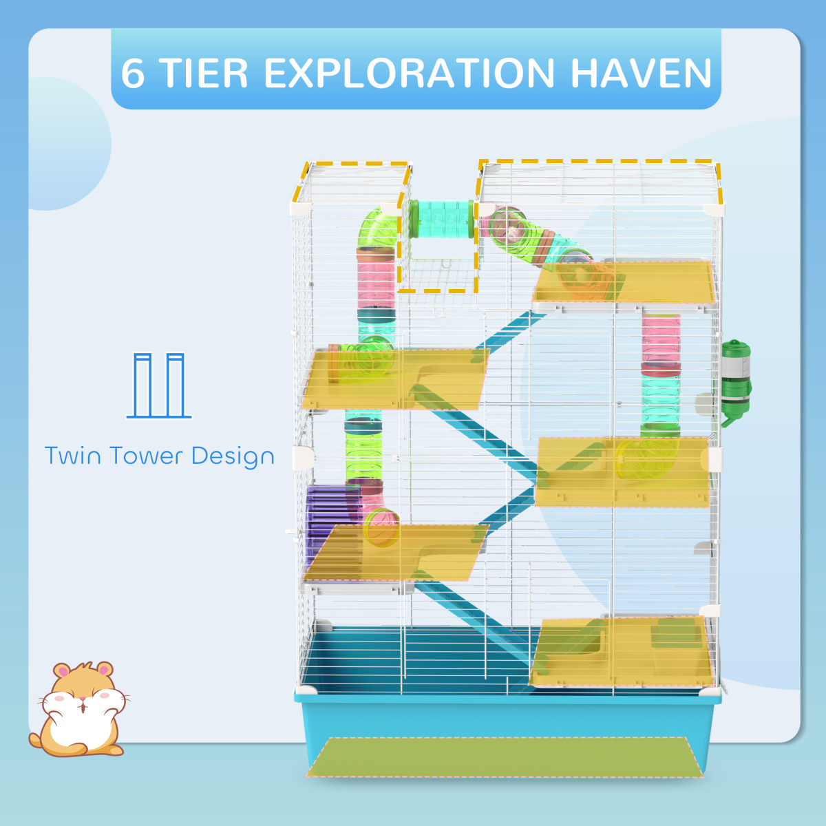 PawHut 6-Tier Twin Tower Hamster Cage with Accessories, Light Blue
