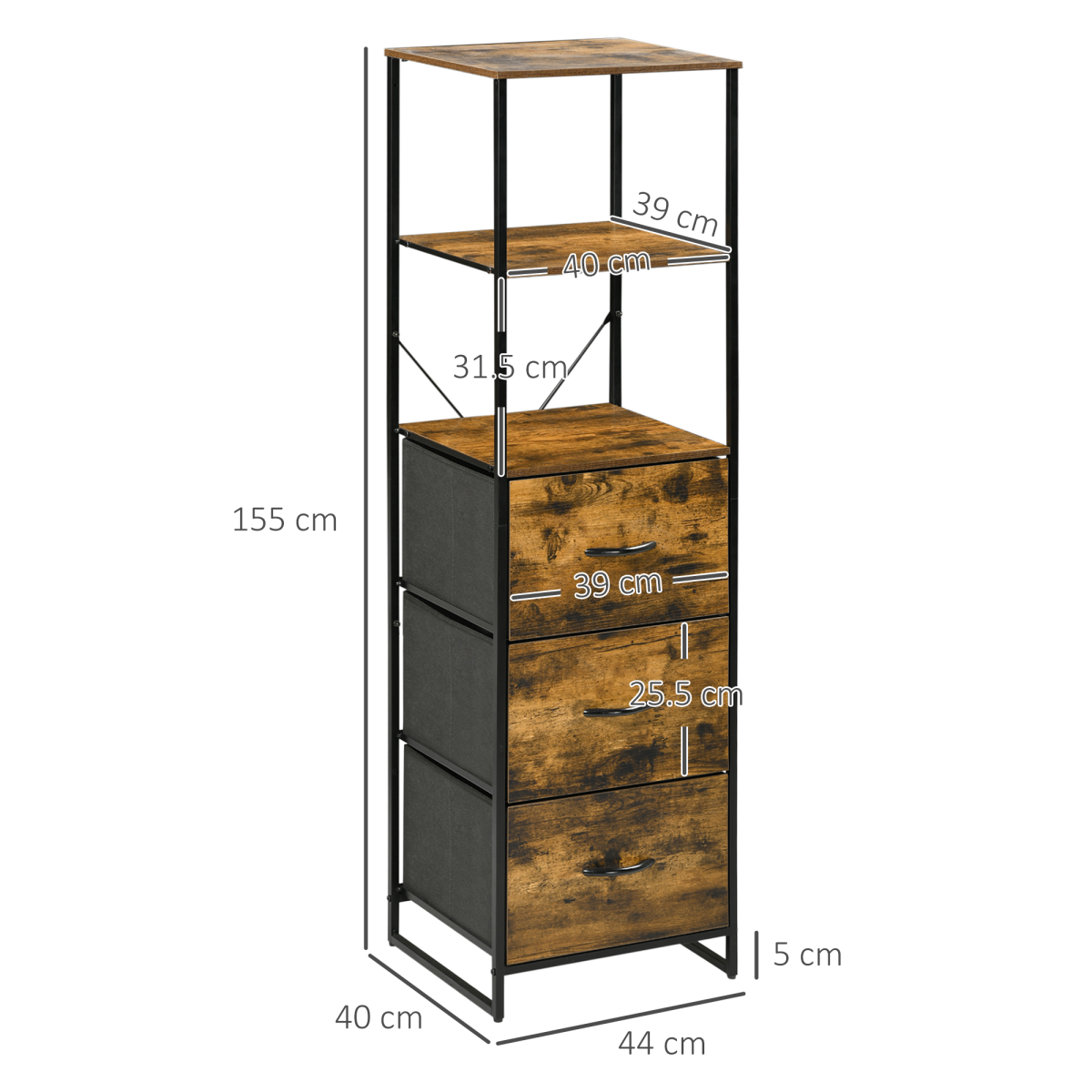 Industrial Storage Cabinet with 2 Shelves and 3 Fabric Drawers Rustic Brown