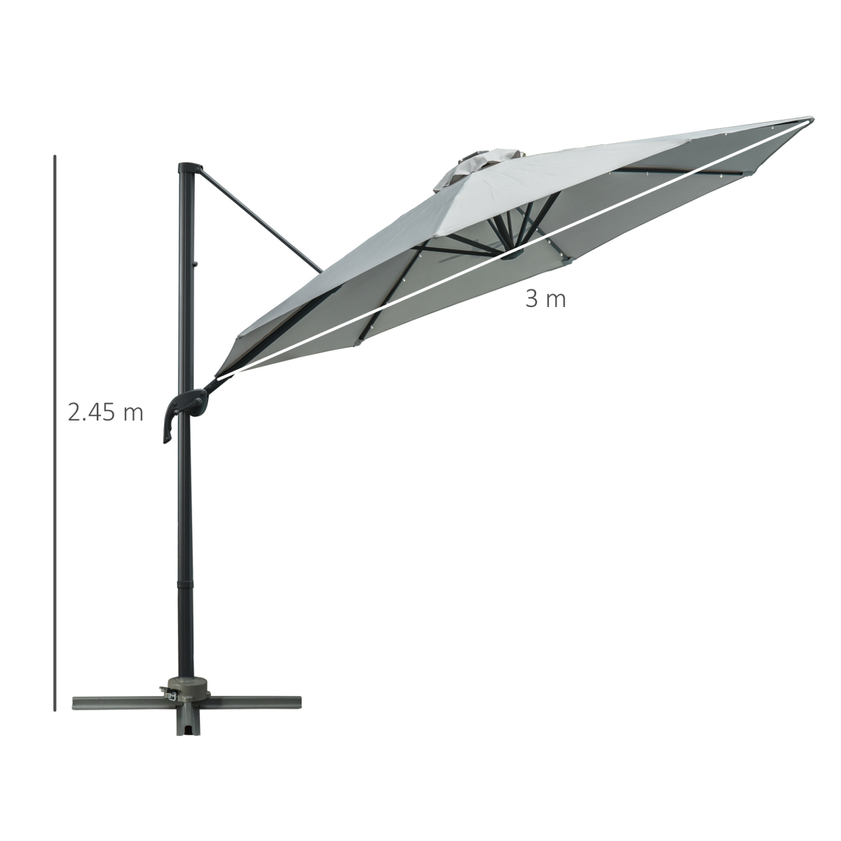 3m Cantilever Roma Patio Parasol with LED Solar Light, Grey