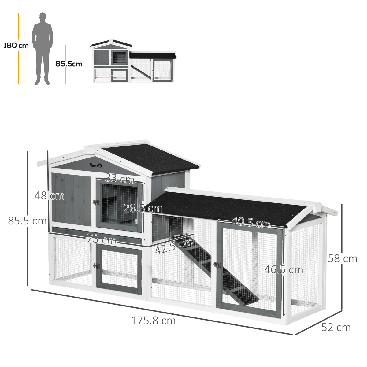 PawHut Two-Tier Wooden Rabbit Hutch with Run Box, Slide-Out Tray, Ramp, Outdoor Small Animal House