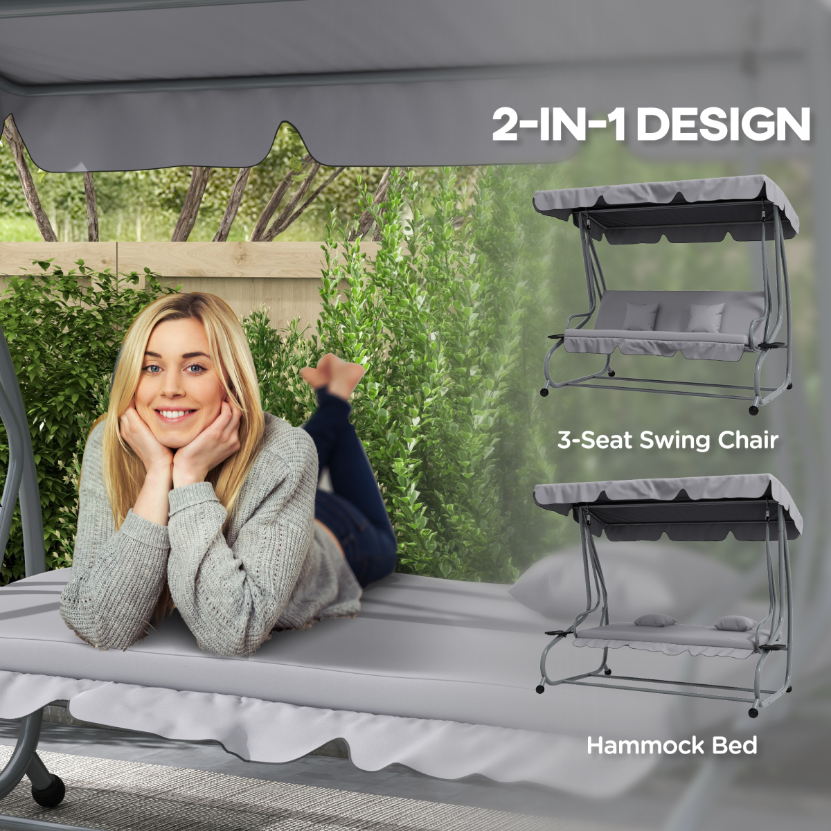 Outsunny 2-in-1 3-Seater Garden Swing Chair with Adjustable Canopy, Grey
