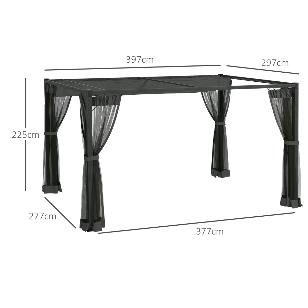 Outsunny 3 x 4m Dark Grey Pergola with Retractable Roof, Net Curtains and Aluminium Frame