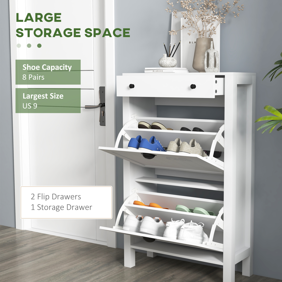 HOMCOM Narrow Shoe Cabinet, 2 Flip Drawers, Top Drawer, White