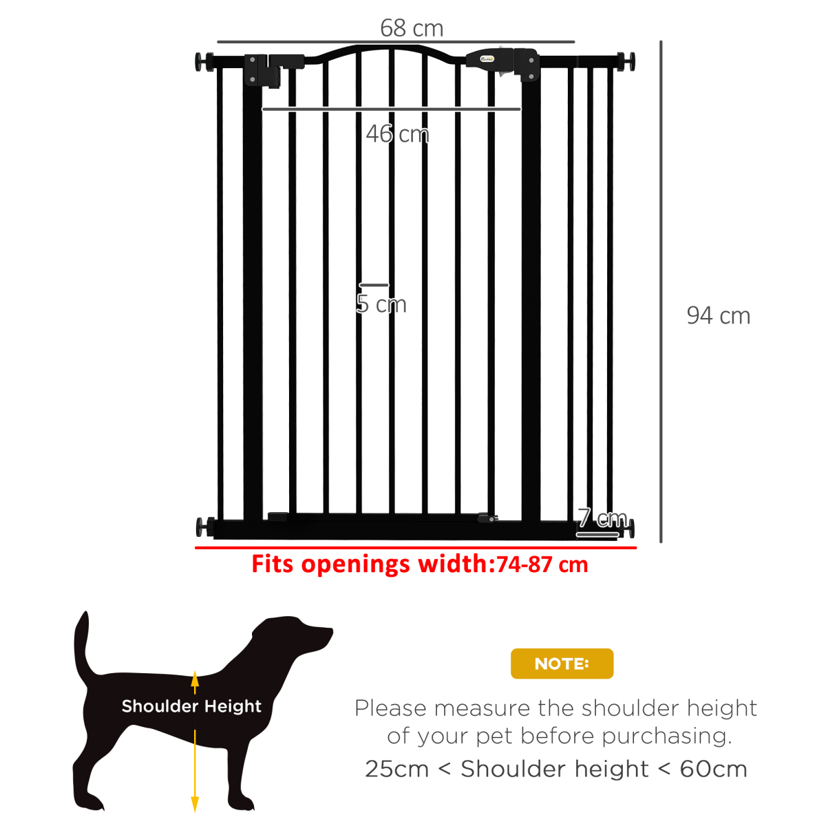 PawHut Adjustable 74-87cm Metal Pet Gate Safety Barrier with Auto-Close Door, Black