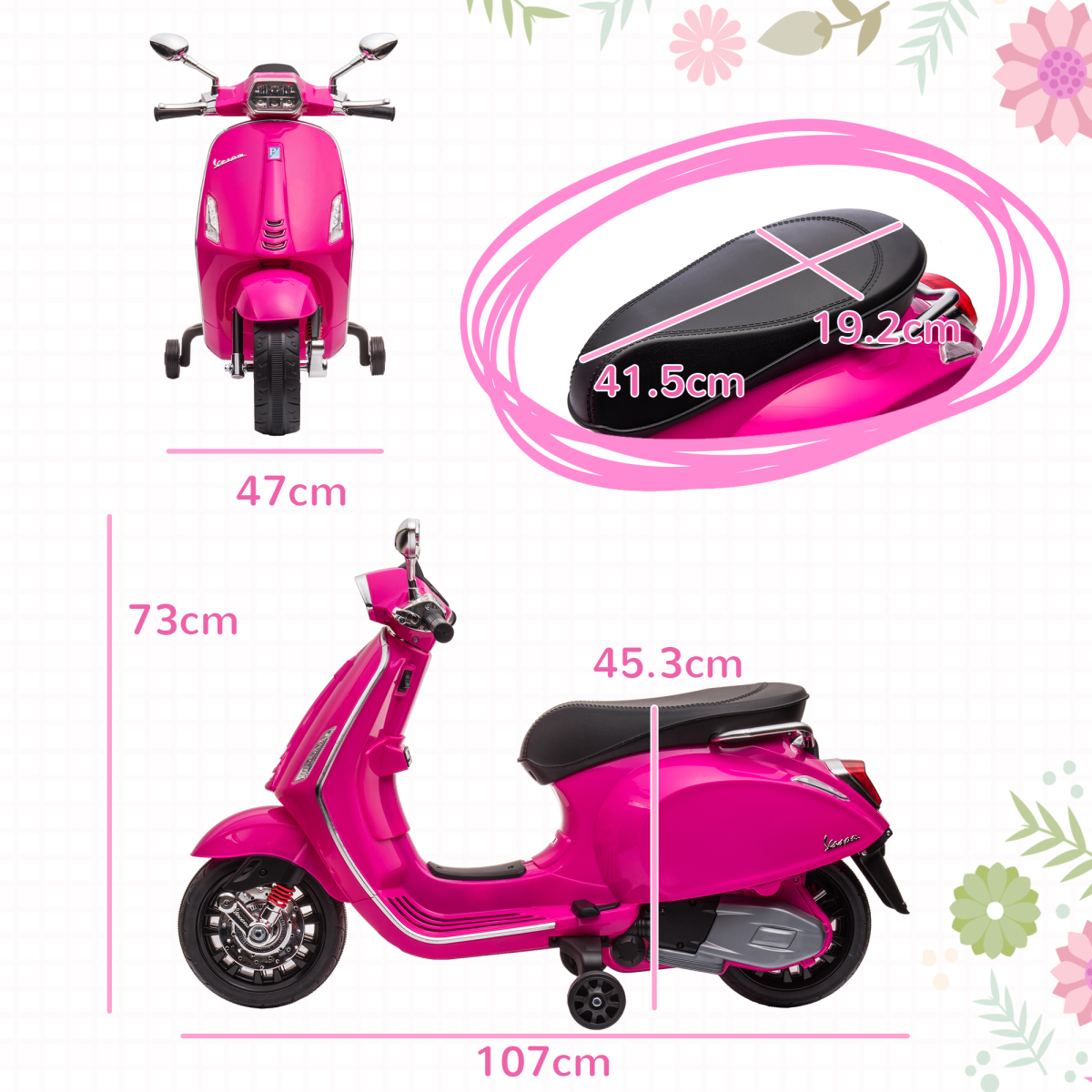 AIYAPLAY Licensed Vespa 12V Kids Electric Motorbike with Training Wheels, Pink