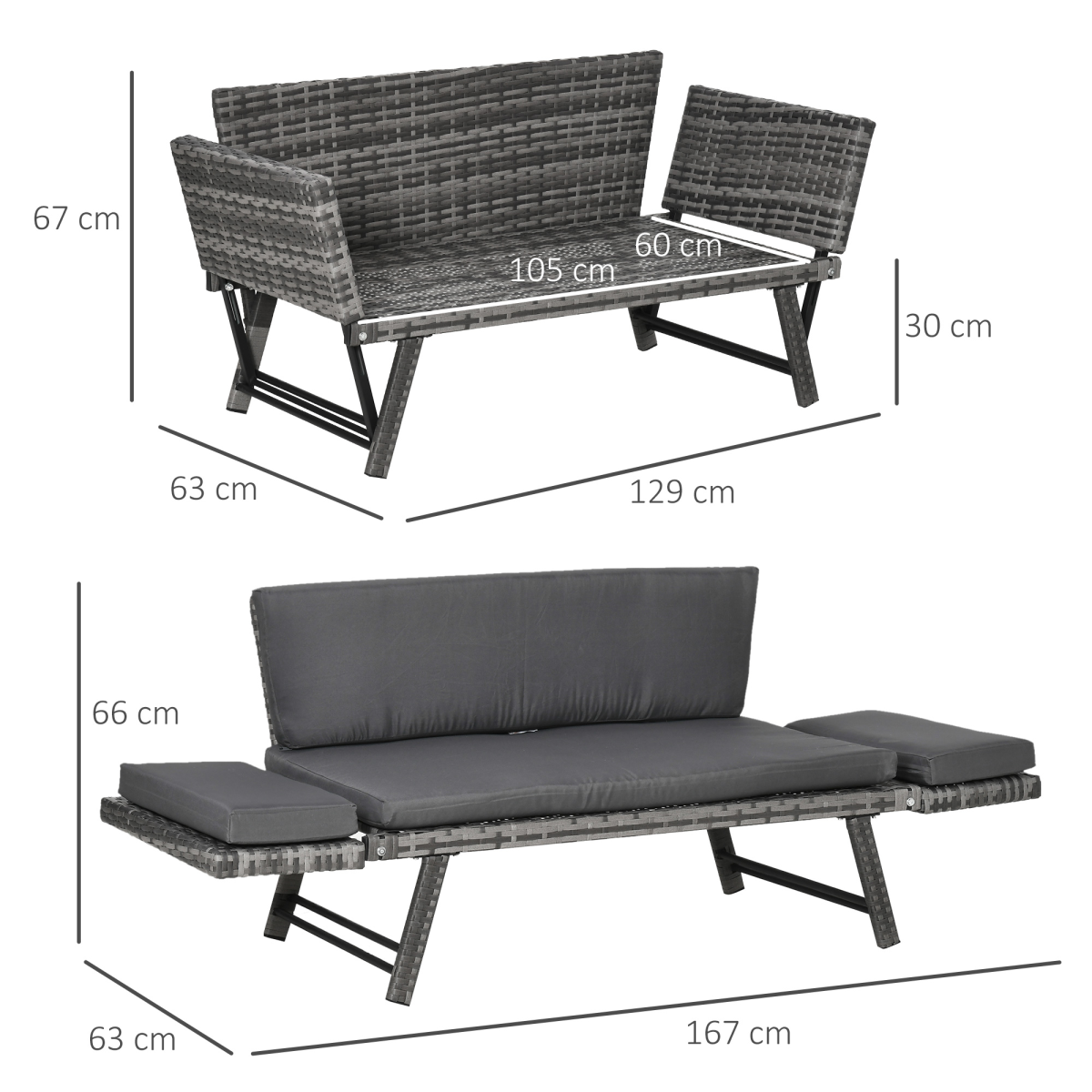 Outsunny 2-in-1 Rattan Folding Outdoor Daybed Sofa, Grey, with Cushion
