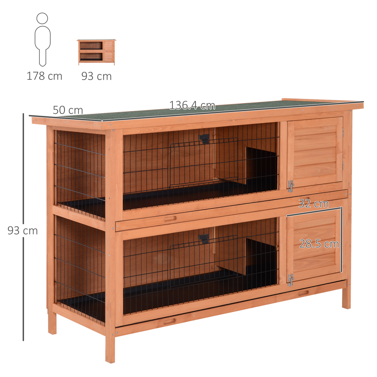 PawHut Outdoor Two-Tier Rabbit Hutch for Two Rabbits with Removable Trays and Divider