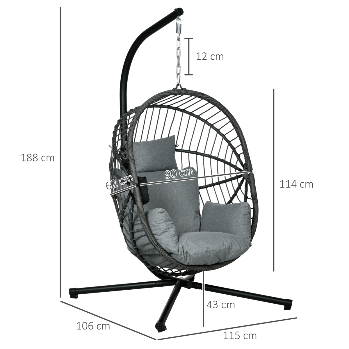 Outsunny Grey Hanging Swing Chair with Thick Cushion, Foldable Patio Hanging Chair