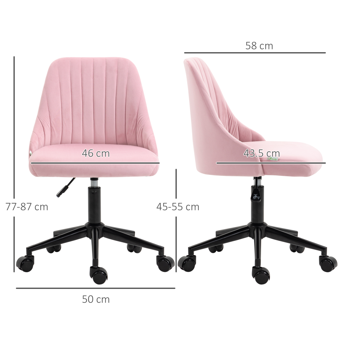 Vinsetto Pink Velvet Office Chair with Adjustable Height and Wheels