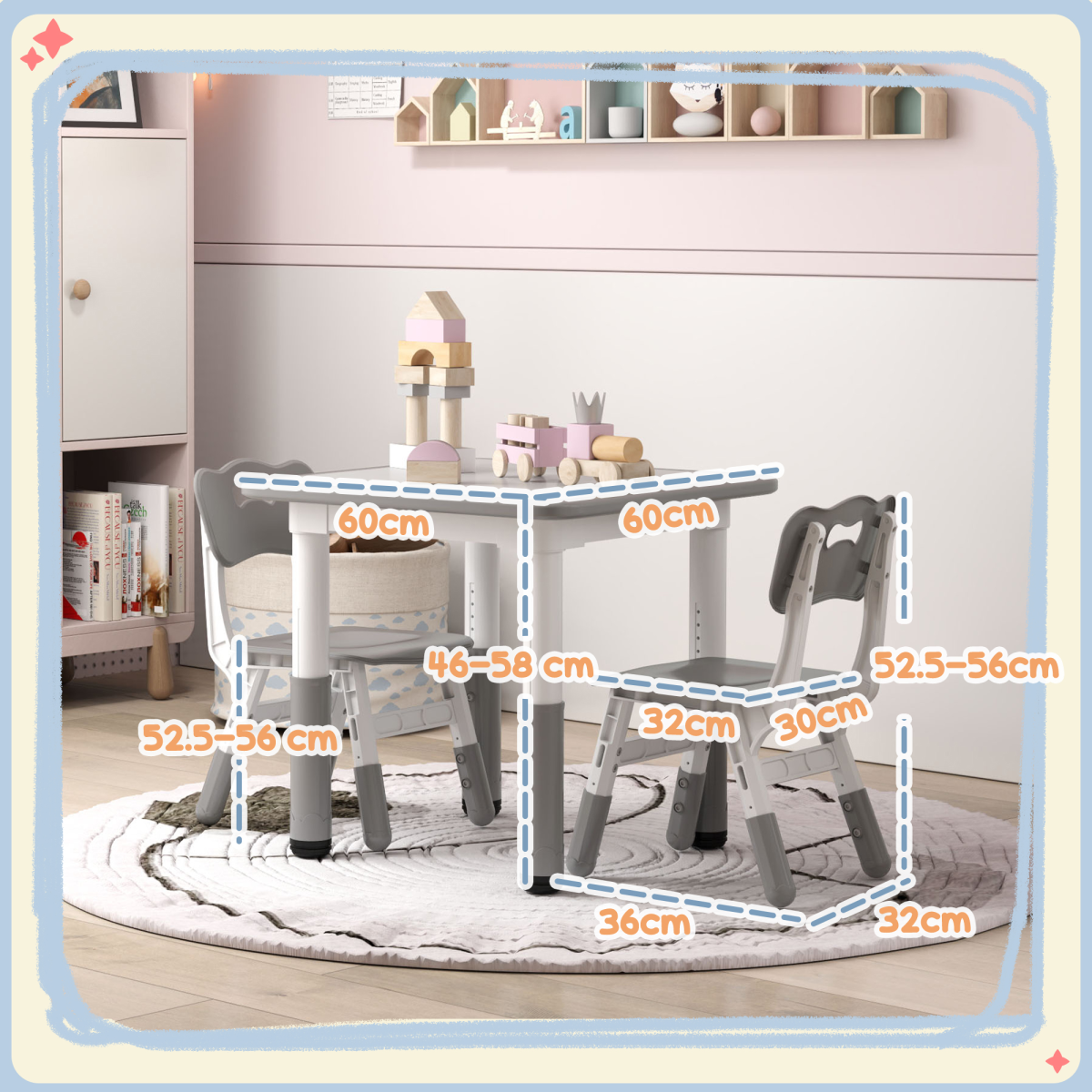 AIYAPLAY 3-Piece Height Adjustable Kids Table and Chair Set, Grey