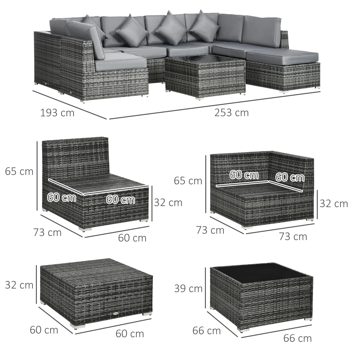 Outsunny 8-Piece Patio Rattan Sofa Set with Corner Seats, Middle Seats, Footstool and Coffee Table, Grey