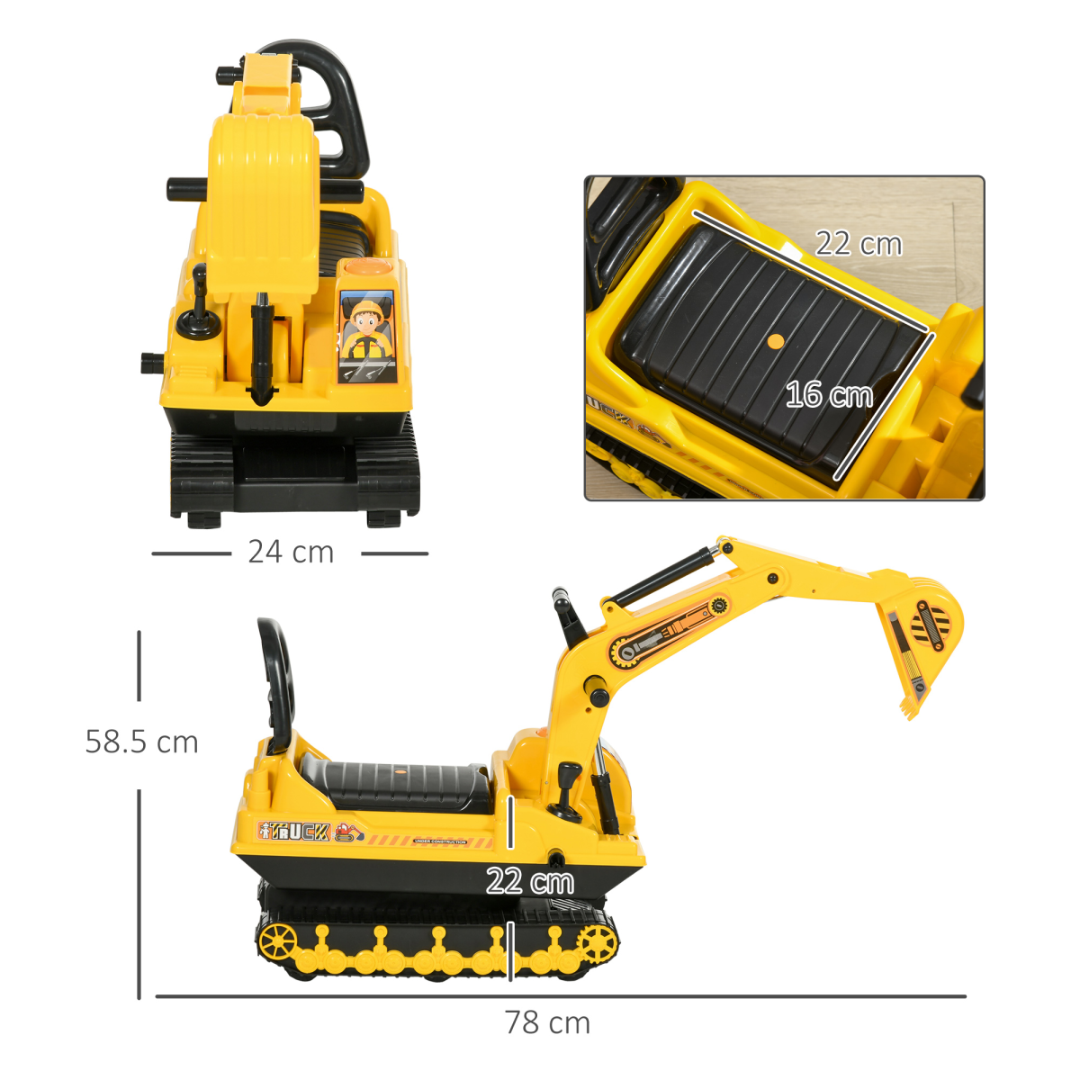 Ride On Excavator Toy Tractors Digger Movable Walker Construction Truck HOMCOM