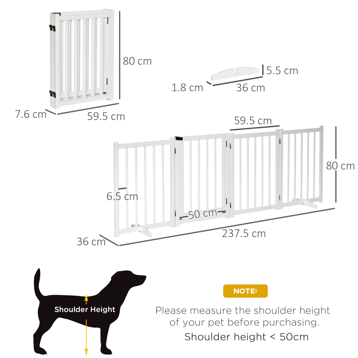 Freestanding Wooden Pet Gate with Lock and 2 Support Feet for Doorways and Stairs, White