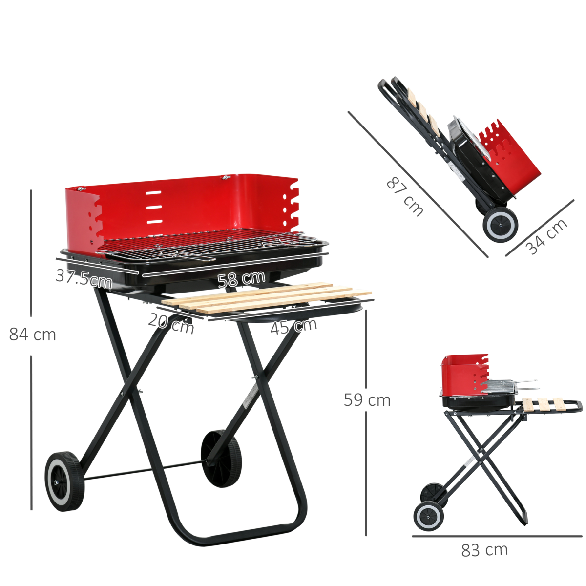 Outsunny Foldable Charcoal BBQ Grill with Wheels, Black Enamel, Adjustable Grill Height
