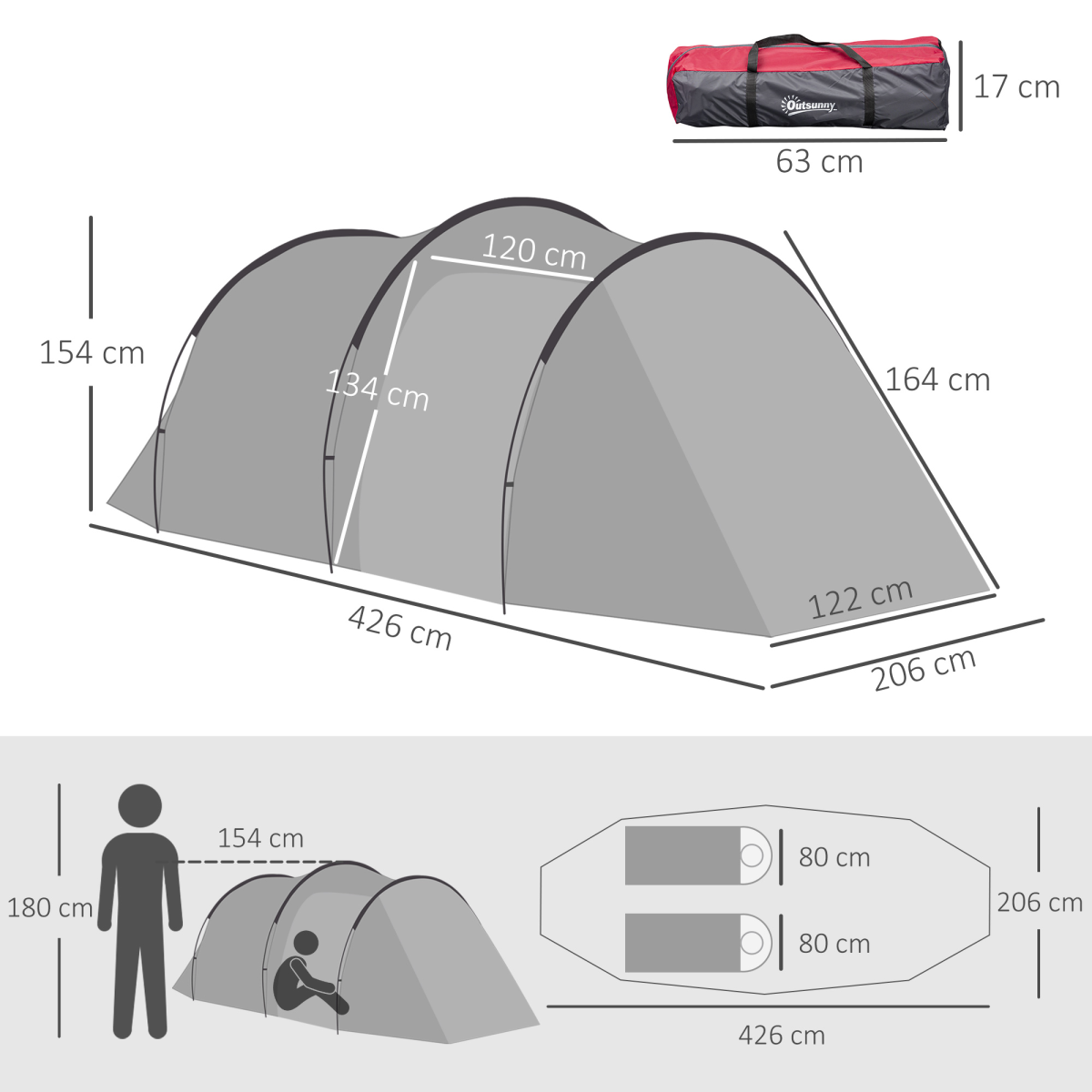 3 Man Camping Tent with 2 Rooms, Porch, Mesh Vents, Waterproof