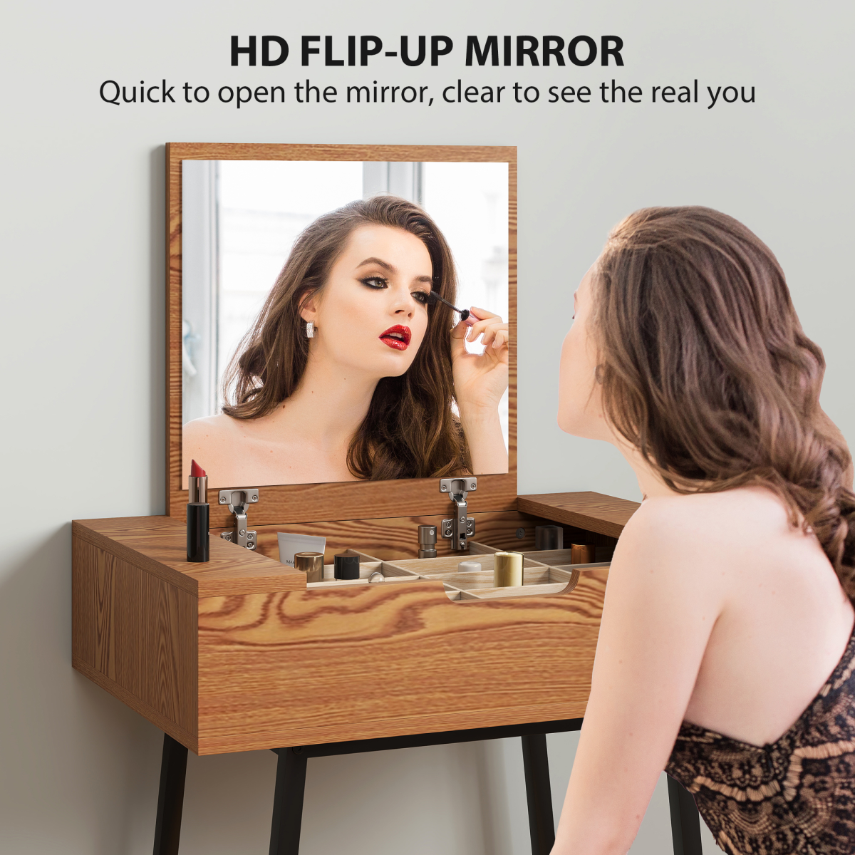 HOMCOM Industrial Vanity Desk with Flip-Up Mirror, Natural Wood Effect