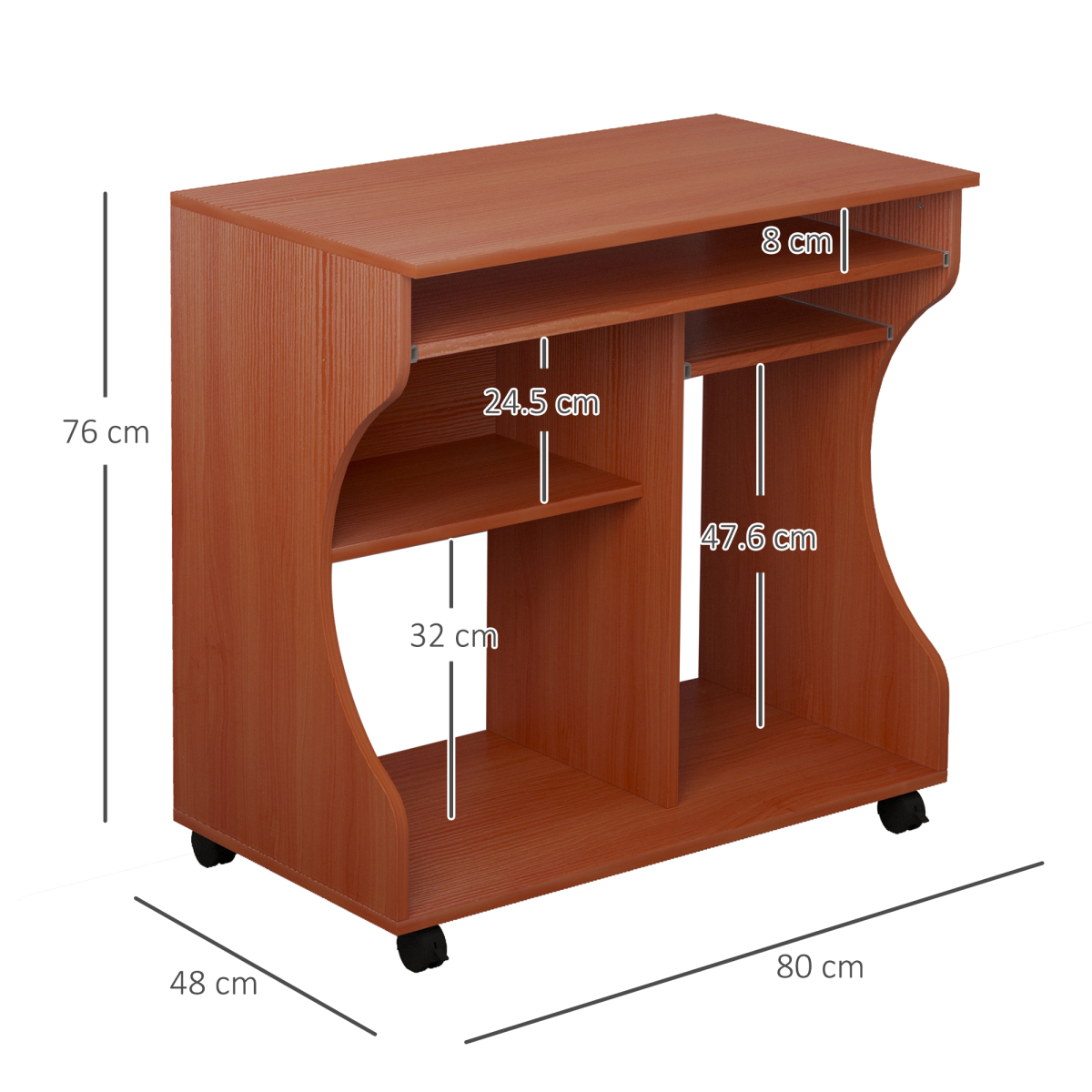 HOMCOM Computer Desk with Keyboard Tray, Storage Shelf, Wheels, Cherry Wood