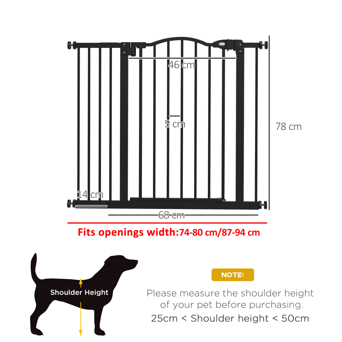 PawHut 74-94cm Adjustable Metal Pet Safety Gate, Auto-Close Black