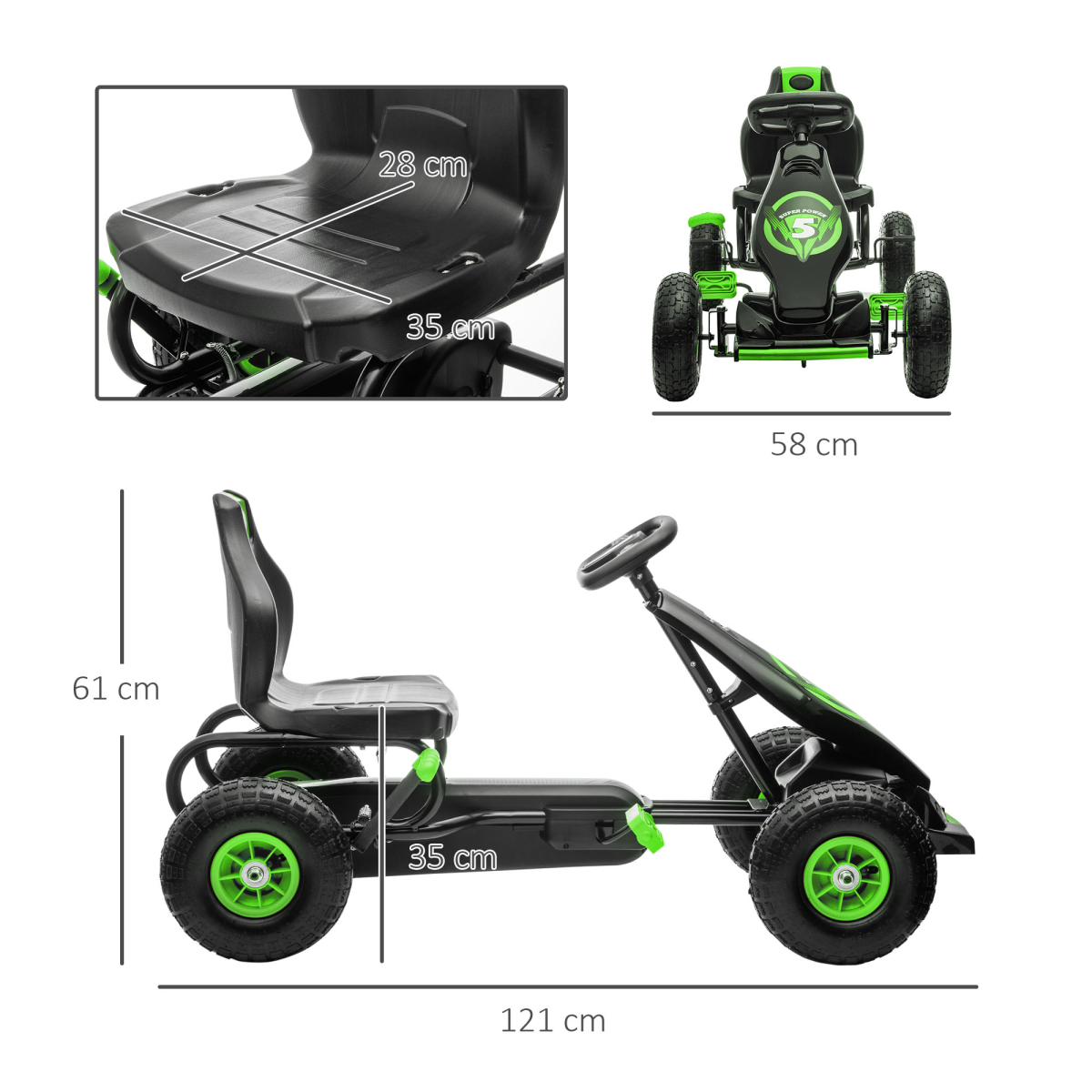 HOMCOM Kids Pedal Go Kart with Adjustable Seat, Rubber Wheels & Brake, Green