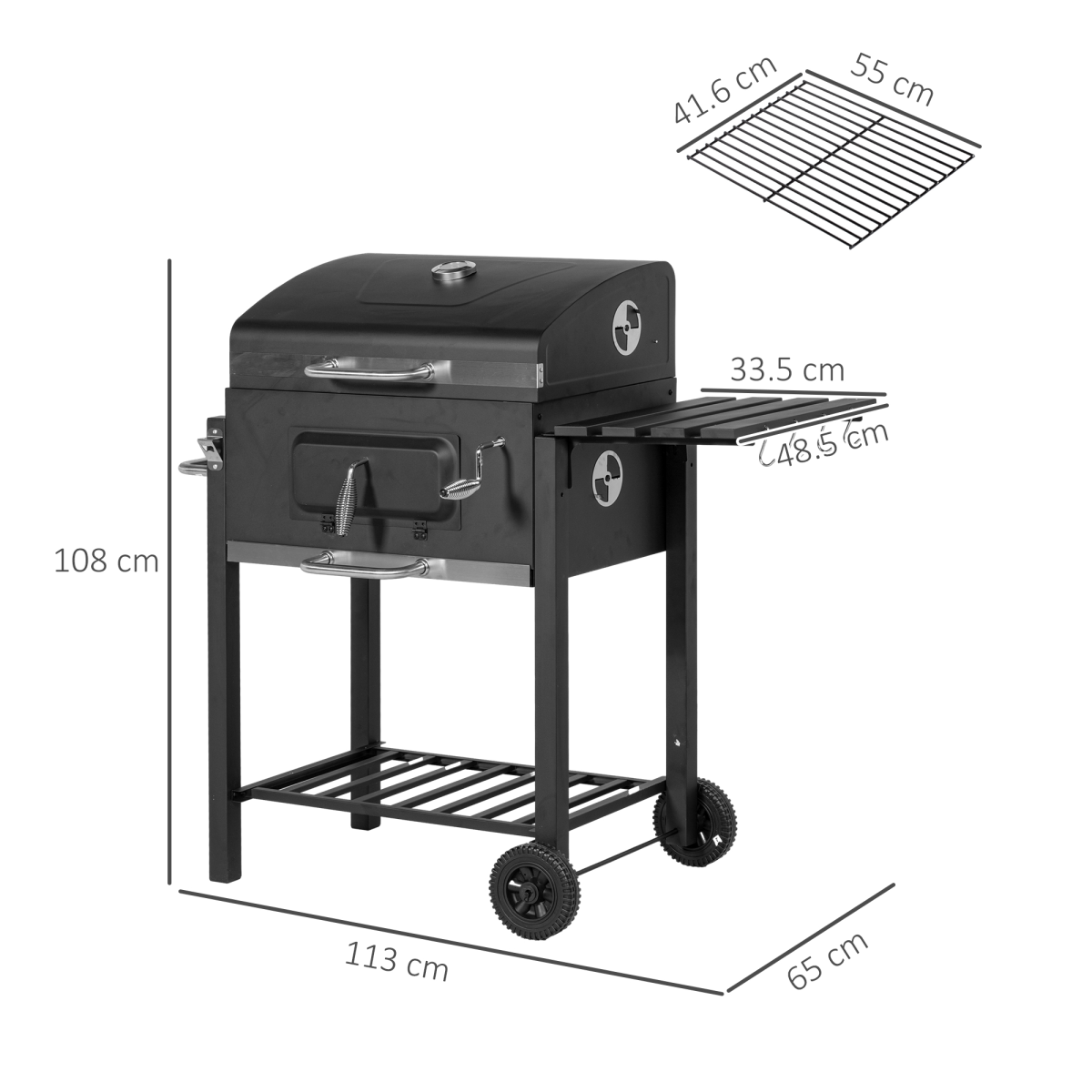 Outsunny Charcoal BBQ Grill Trolley with Wheels, Side Shelf & Thermometer