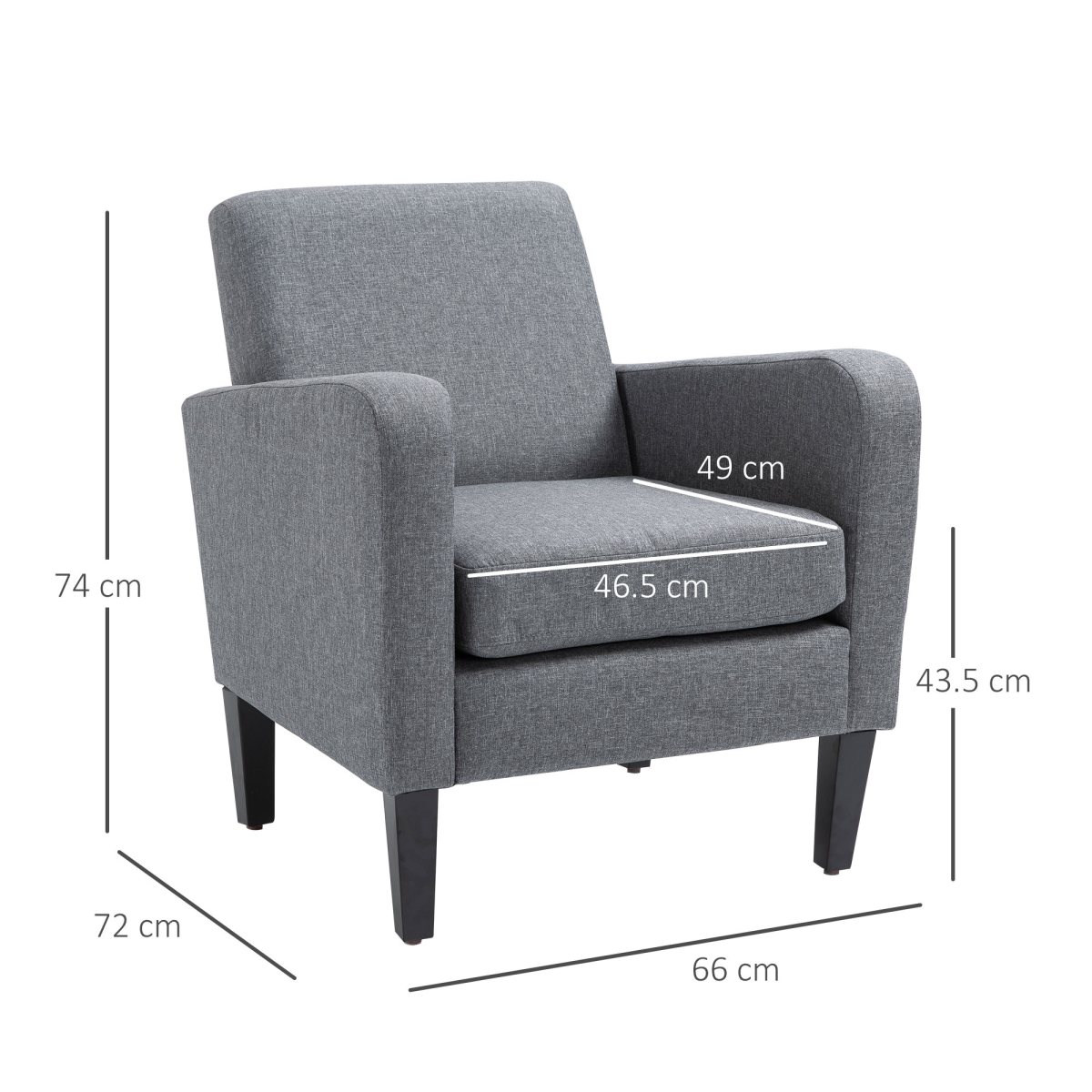 HOMCOM Modern Curved Linen Armchair with Thick Cushion and Wooden Legs, Grey