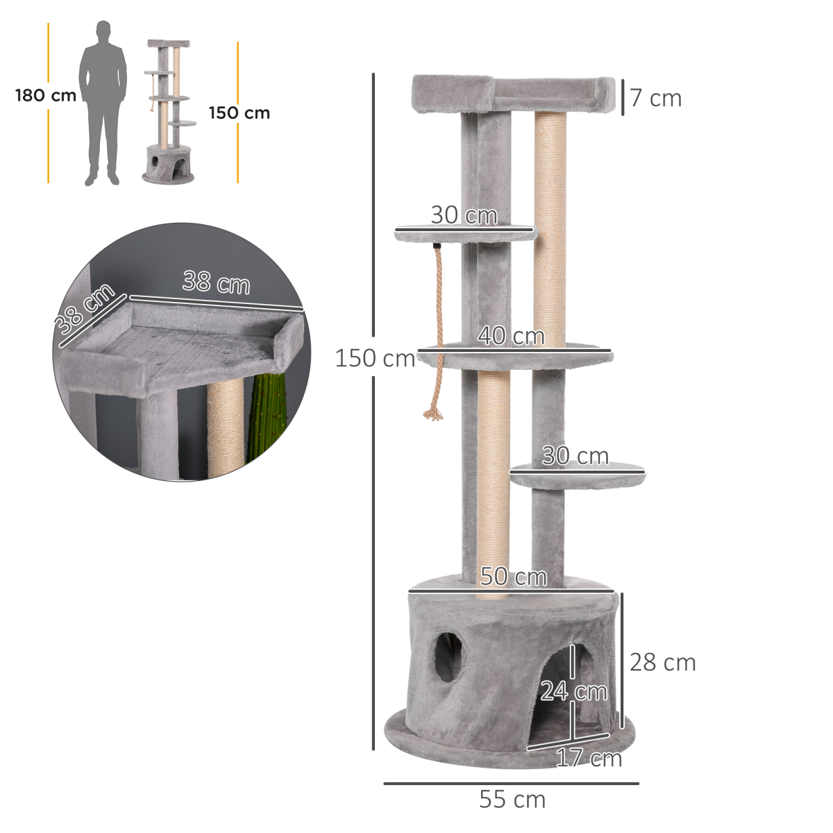 PawHut Multi-Level Cat Tree with Plush Condo, Scratching Posts, Wide Perches and Dangling Rope