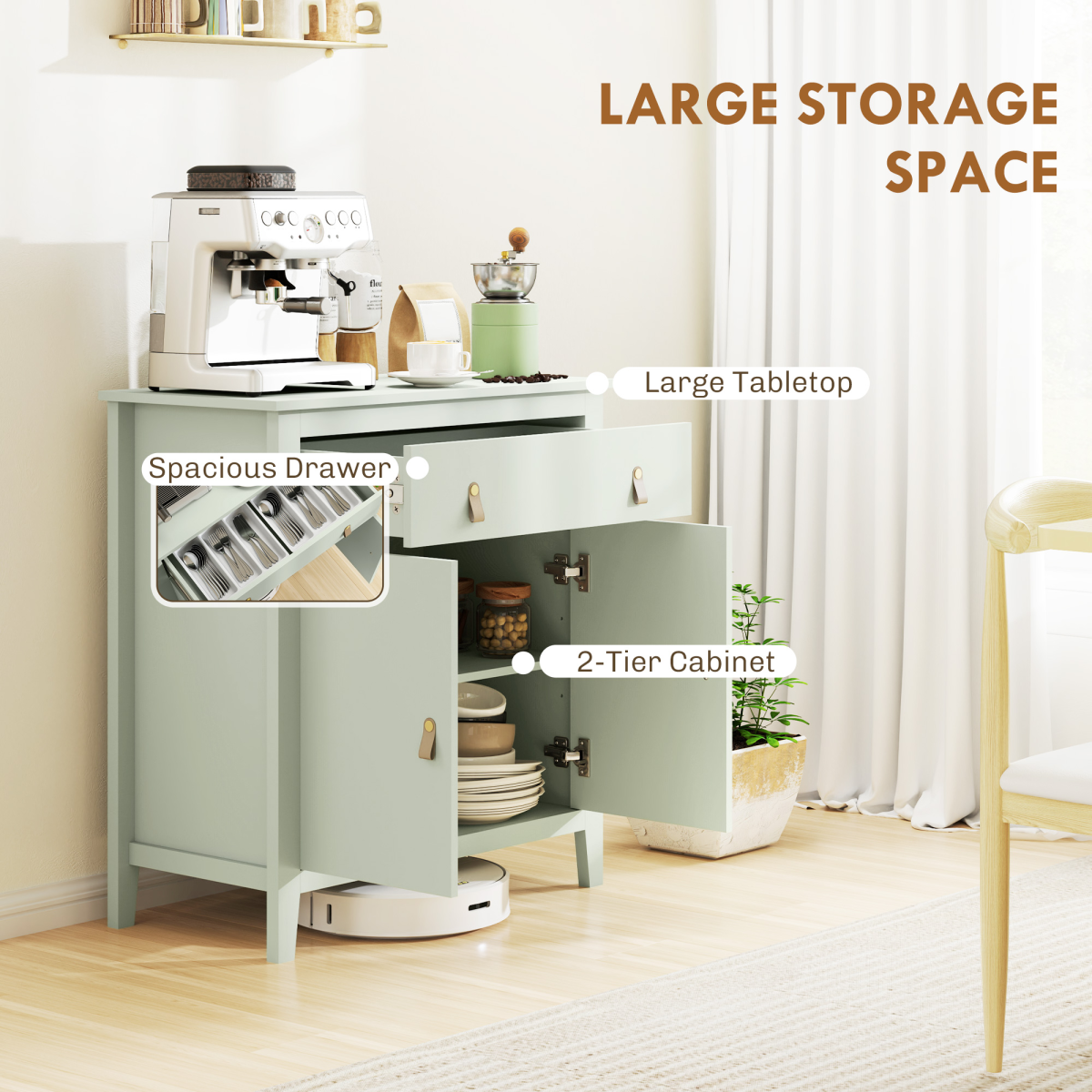 HOMCOM Sideboard Cabinet with Drawer, Adjustable Shelf, Light Green