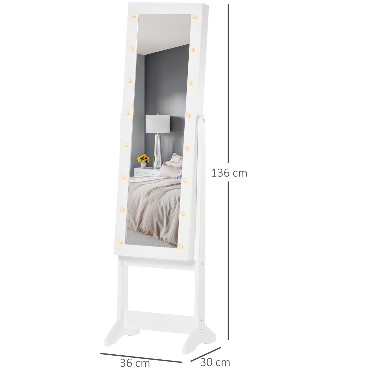 HOMCOM LED Mirrored Jewellery Cabinet with Full-Length Adjustable Mirror, Jewellery Storage Organizer, White, 36 x 30 x 136 cm