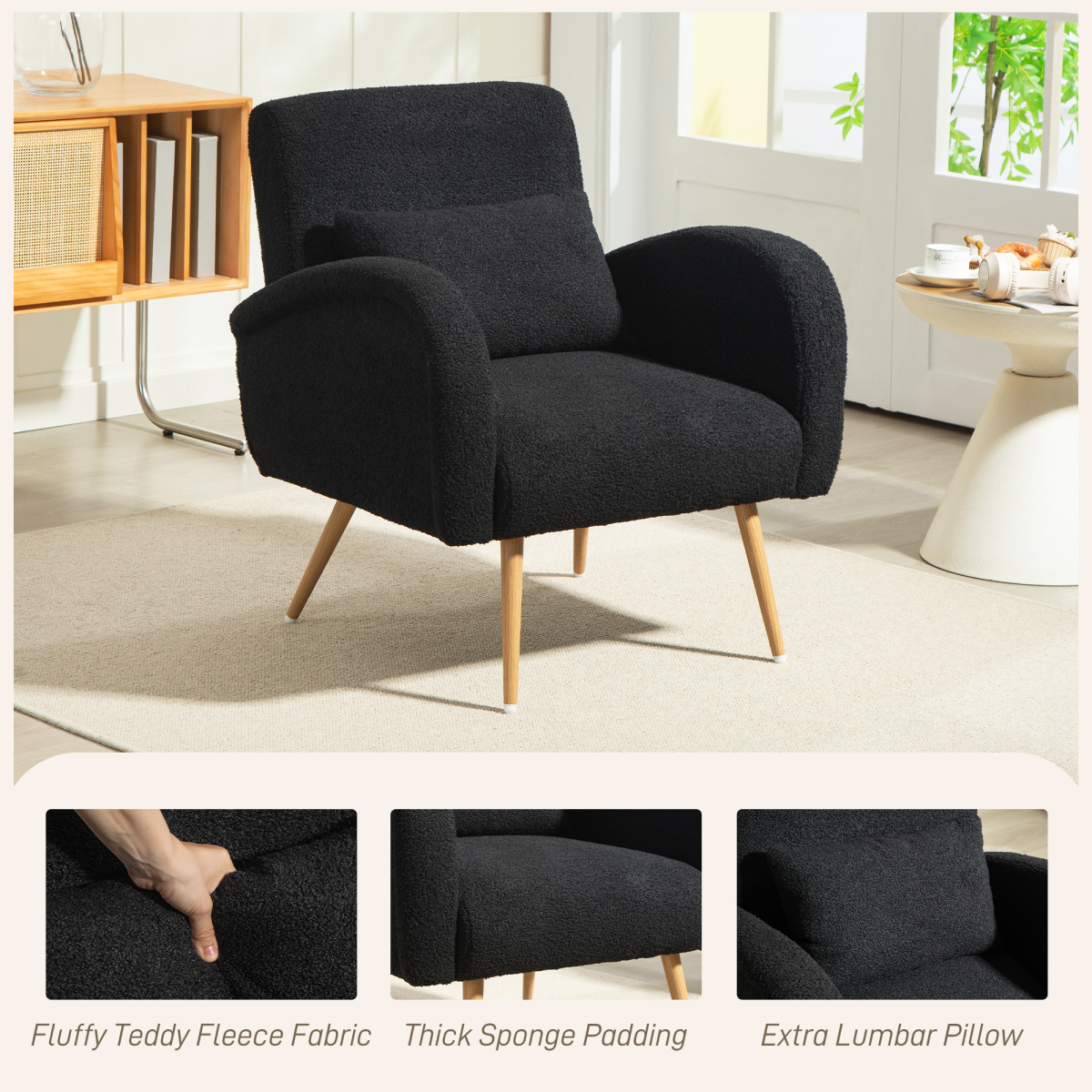 HOMCOM Black Teddy Fleece Accent Chair with Metal Legs