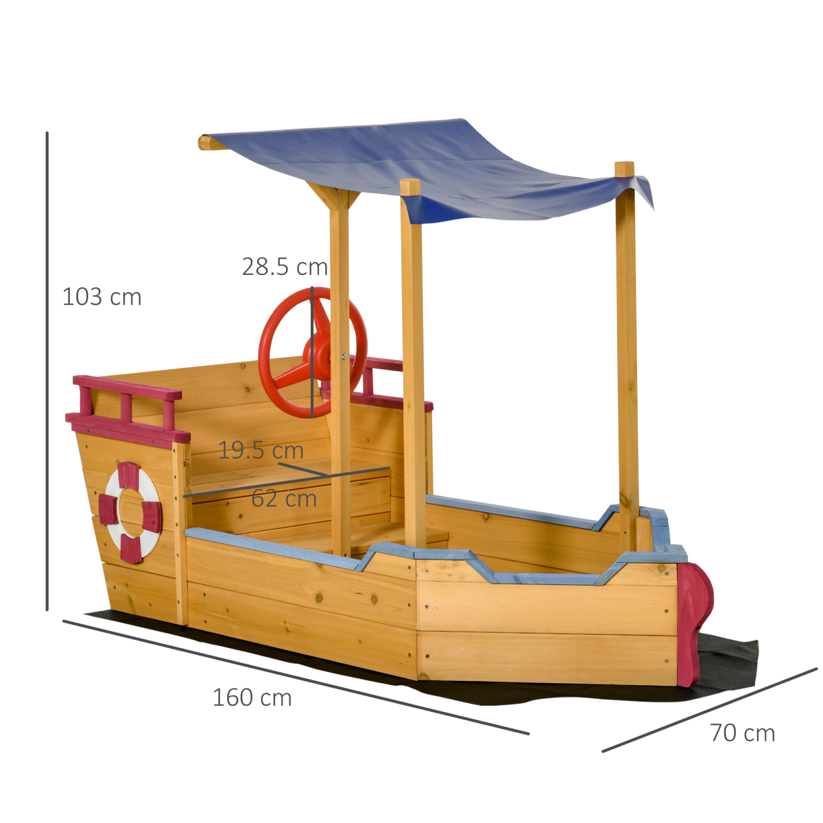 Kids Wooden Pirate Sandboat Sandbox with Canopy Shade and Storage