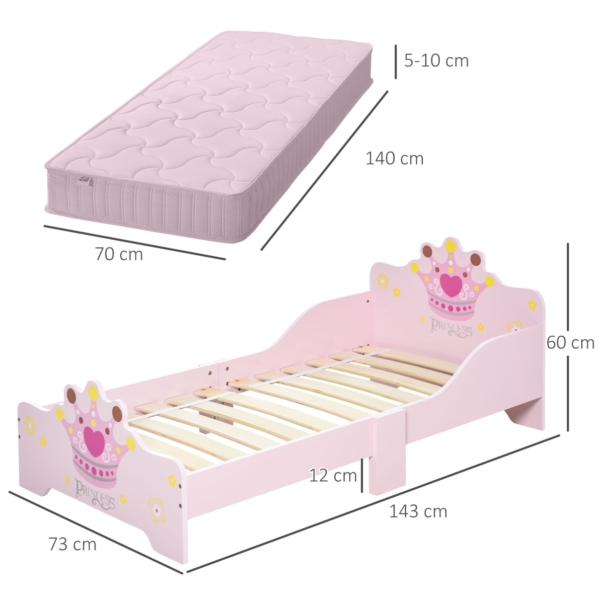 Homcom Kids Pink Princess Crown Wooden Bed with Side Rails