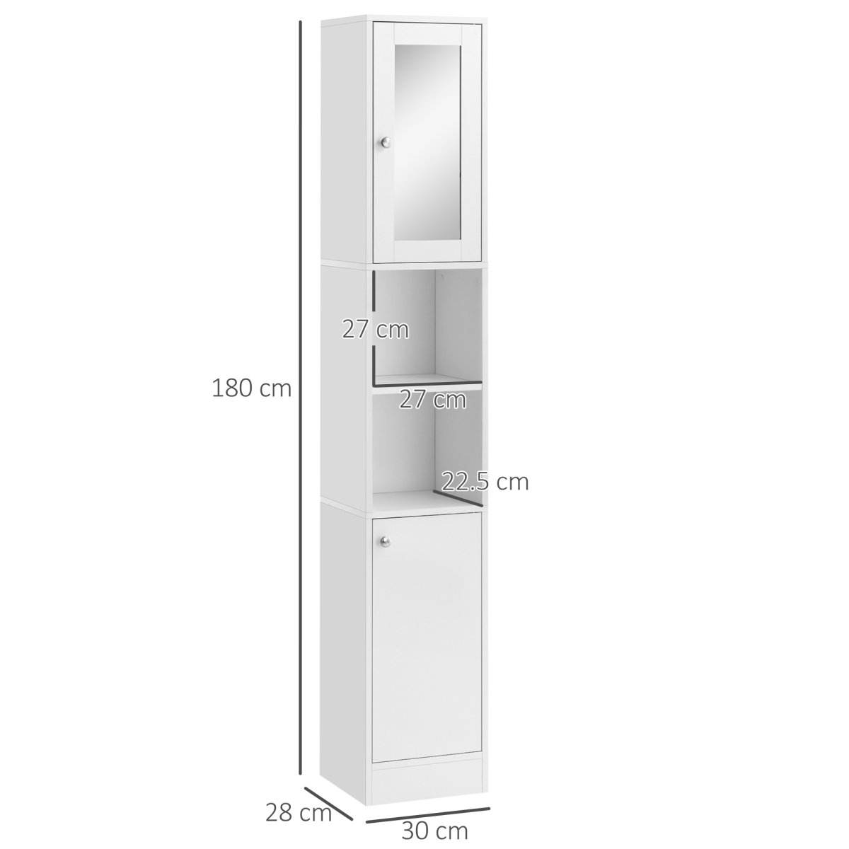 Bathroom Floor Storage Cabinet with Mirrored Door, 2 Cupboards and 2 Shelves, Tallboy Unit