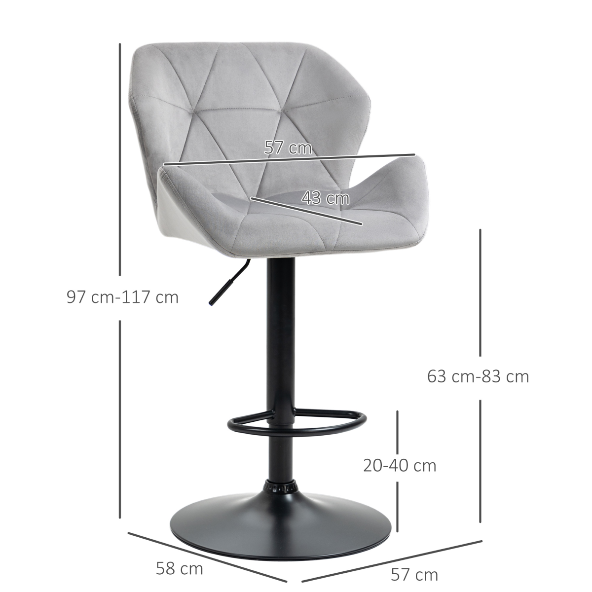 HOMCOM Set of 2 Grey Velvet-Feel Adjustable Bar Stools