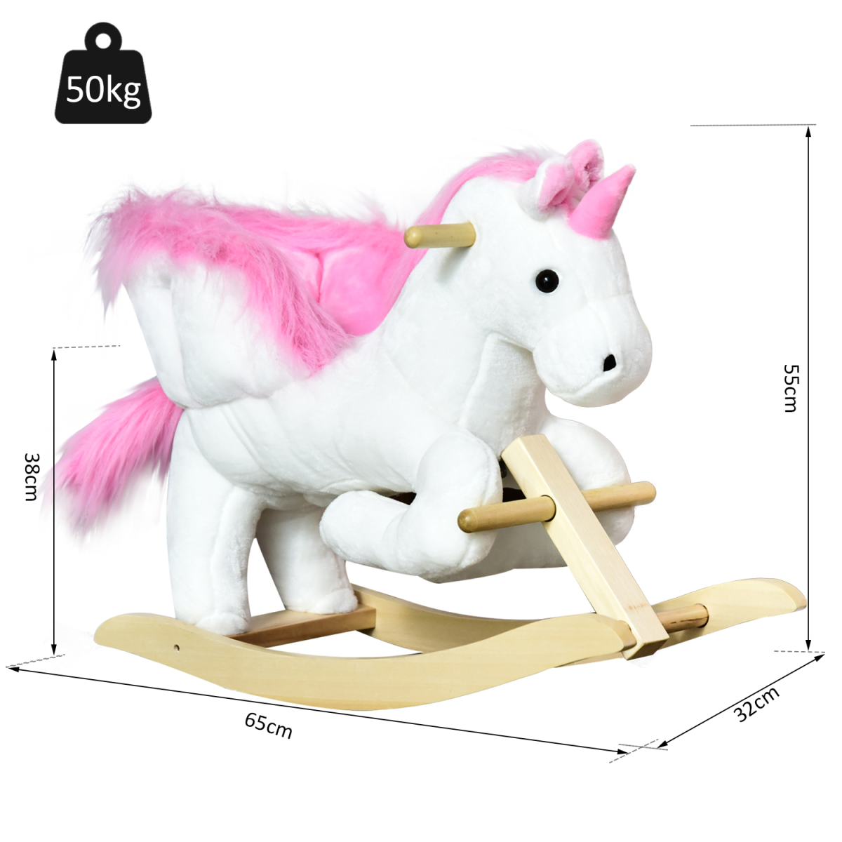 Kids Wooden Unicorn Rocking Horse Ride On Plush Toy with Soft Seat, Musical Button, Pink
