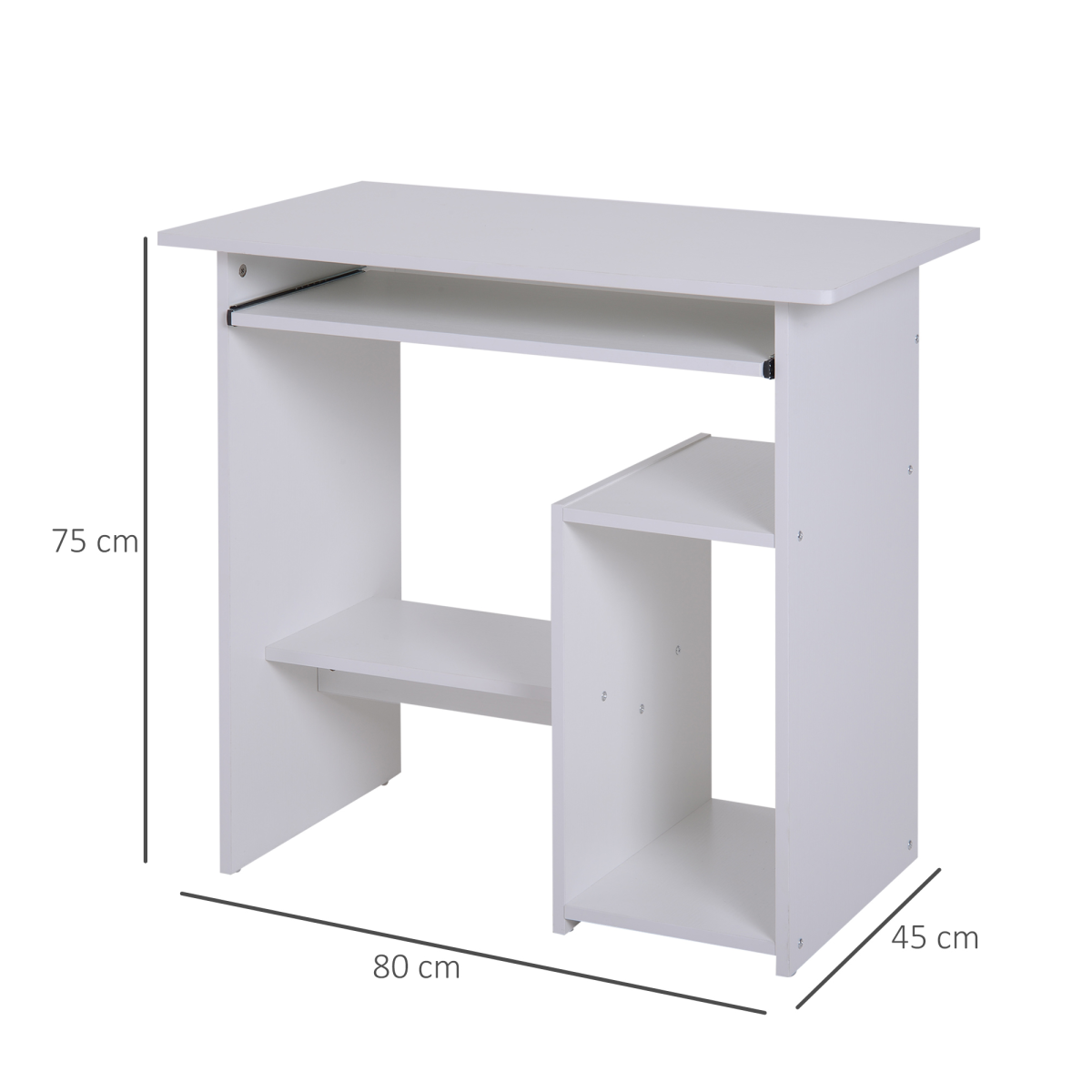 HOMCOM Computer Desk with Slide-Out Keyboard Tray, 2 Storage Shelves, White, 73.5H cm