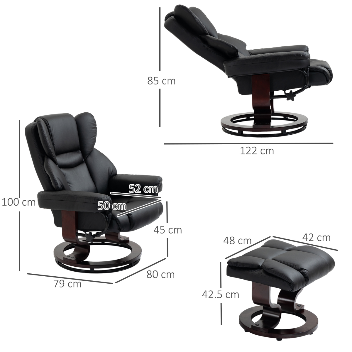 Black PU Leather Recliner Armchair with Swivel and Footstool