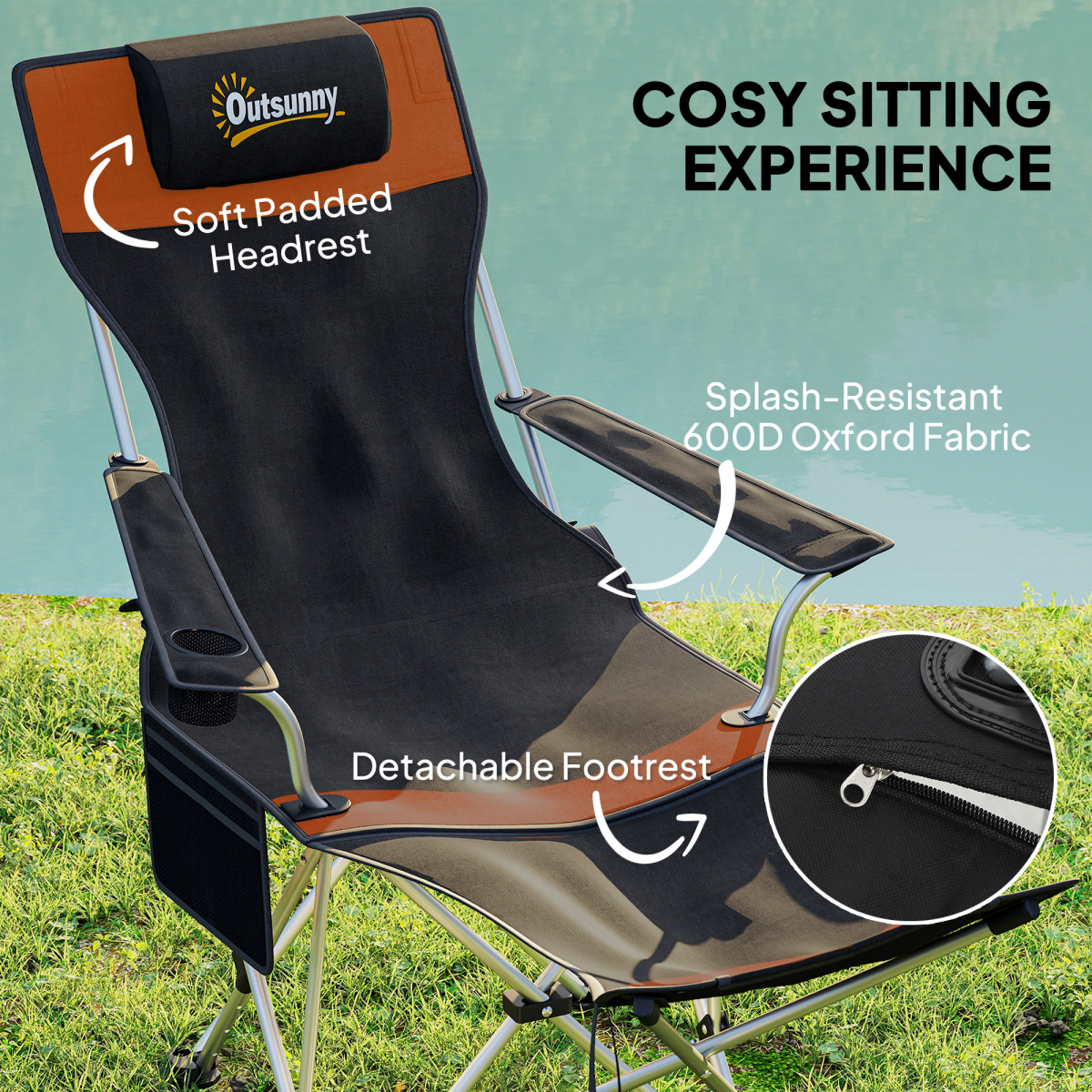 Outsunny Set of 2 Reclining Camping Chairs with Footrest, Orange/Black