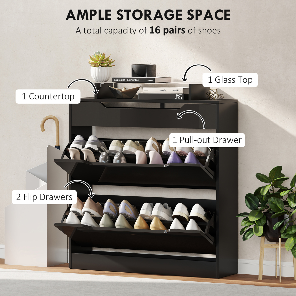 HOMCOM Slim Shoe Cabinet with Glass Top, 2 Flip Drawers, Black
