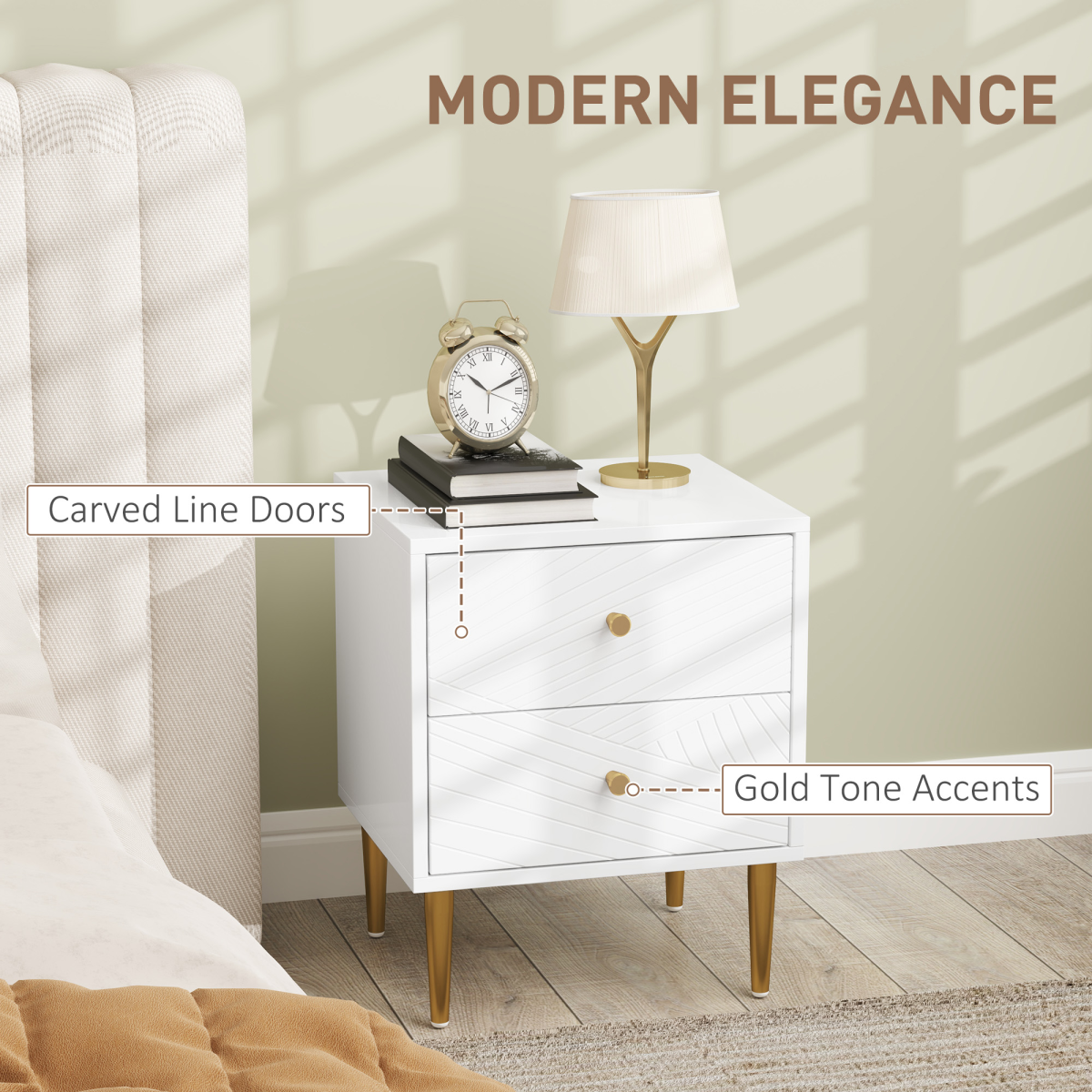 White Nightstand with Gold-Tone Handles, 2 Drawers & Metal Legs