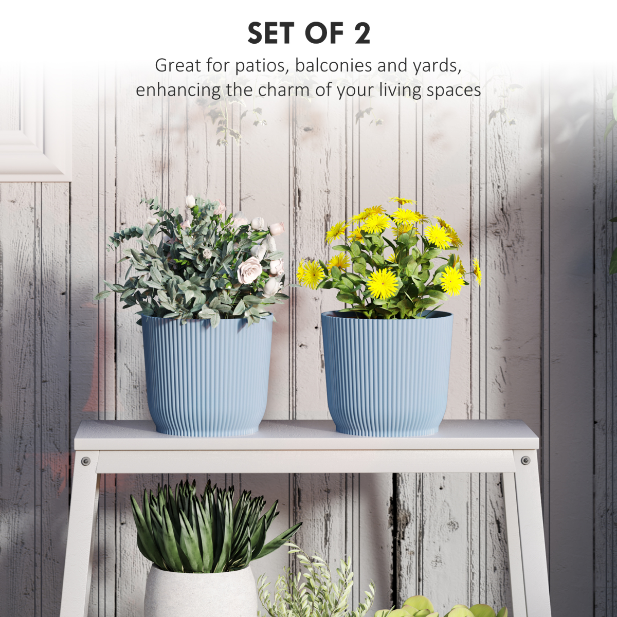Outsunny Set of 2 Round Plant Pots, 22cm, Stackable Plastic, Blue, Indoor and Outdoor Use
