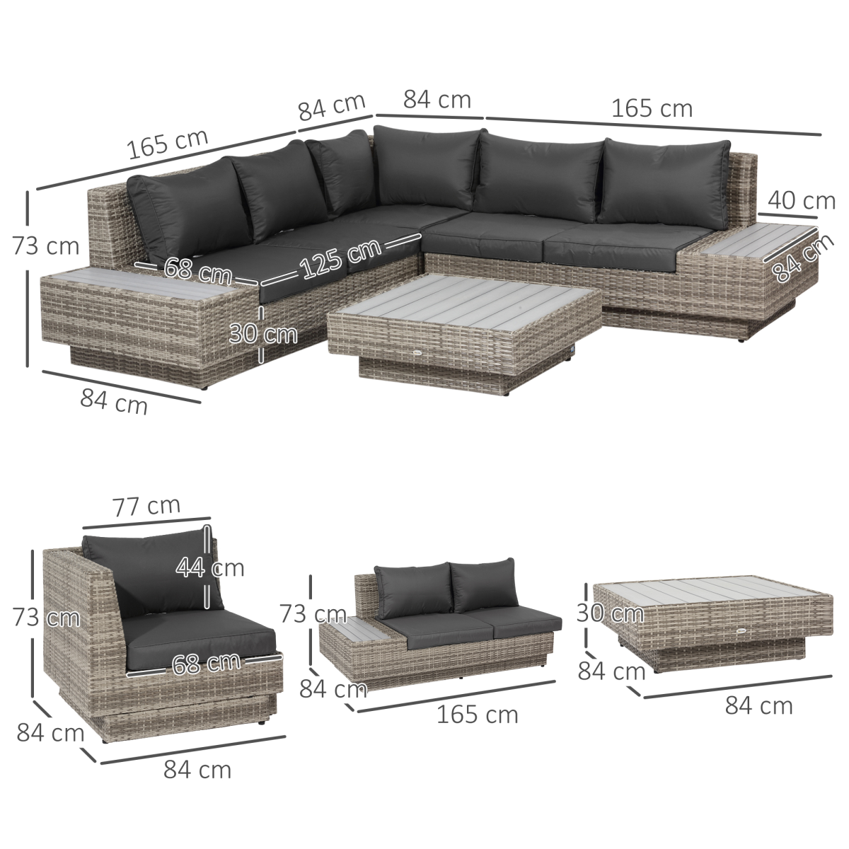 Outsunny 4-Piece 5-Seater Rattan Sectional Corner Sofa Table Set with Cushions - Light Grey