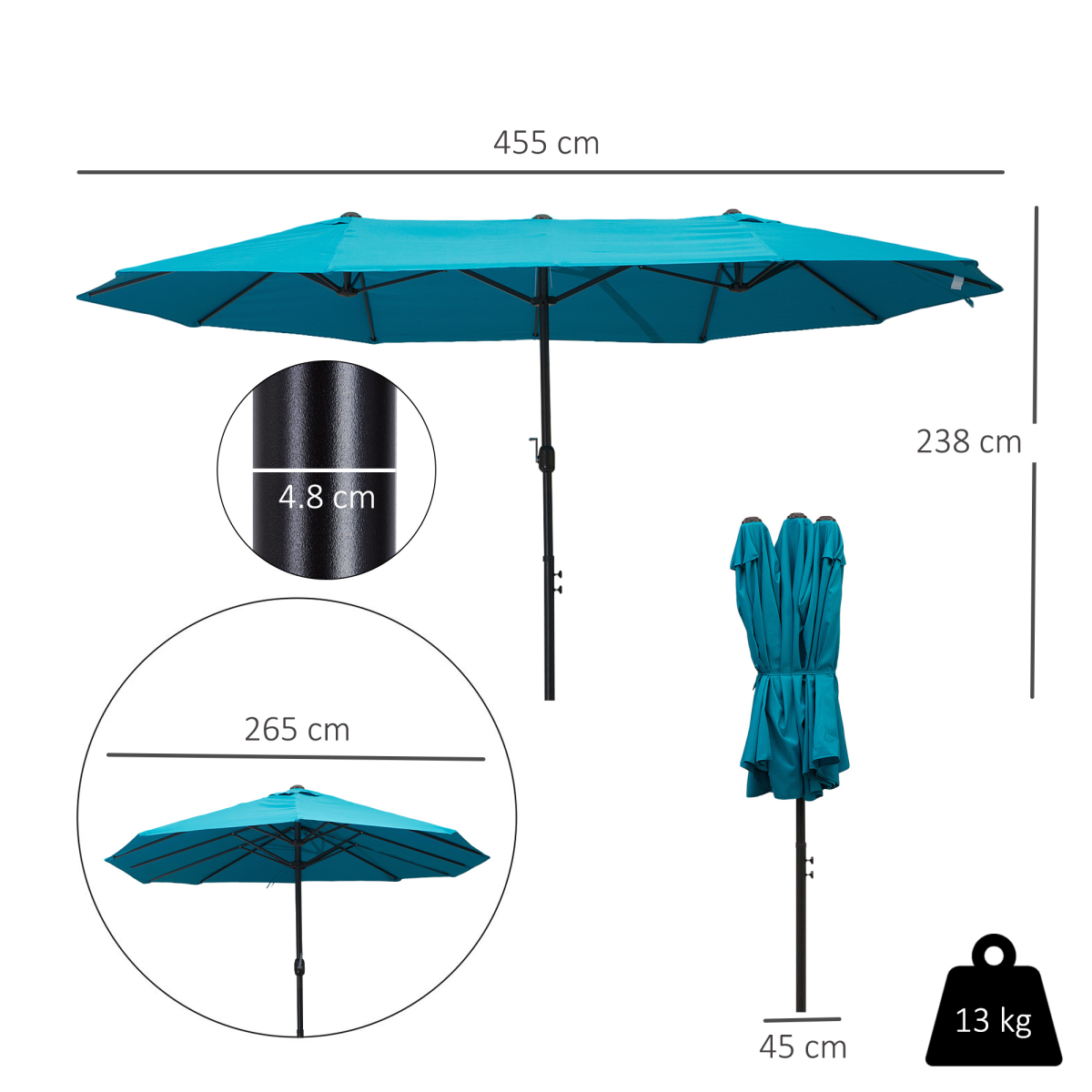 Outsunny 4.6M Double Canopy Garden Patio Umbrella Parasol with Crank Lift, Blue, No Base