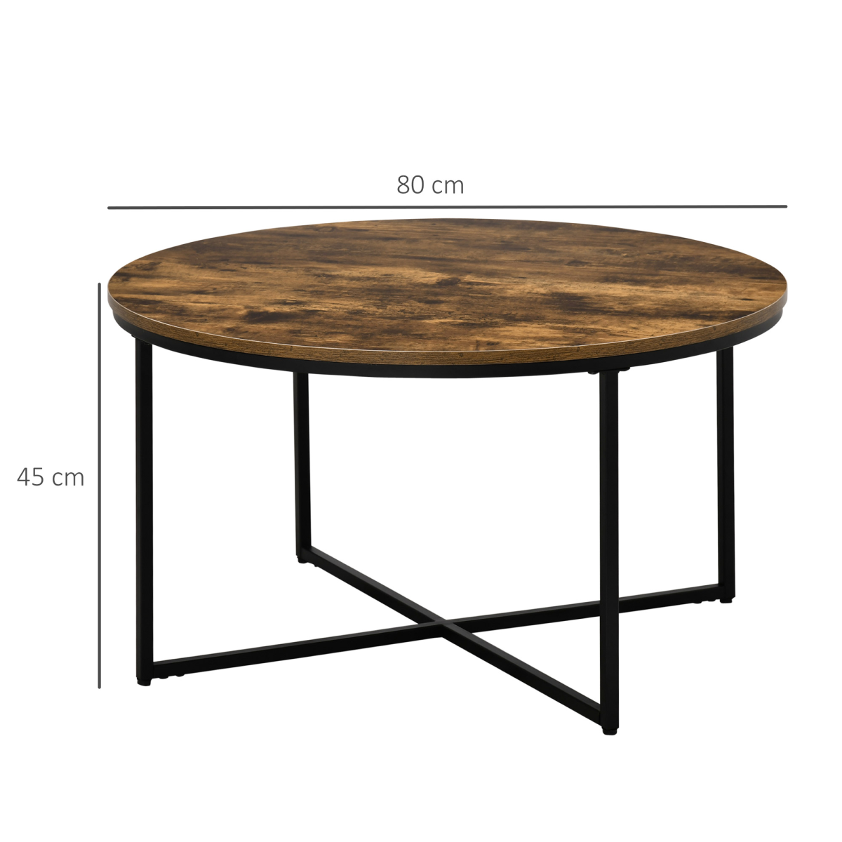 HOMCOM Industrial Round Side Table with Large Tabletop, Metal Frame and X-Shaped Base, Rustic Brown