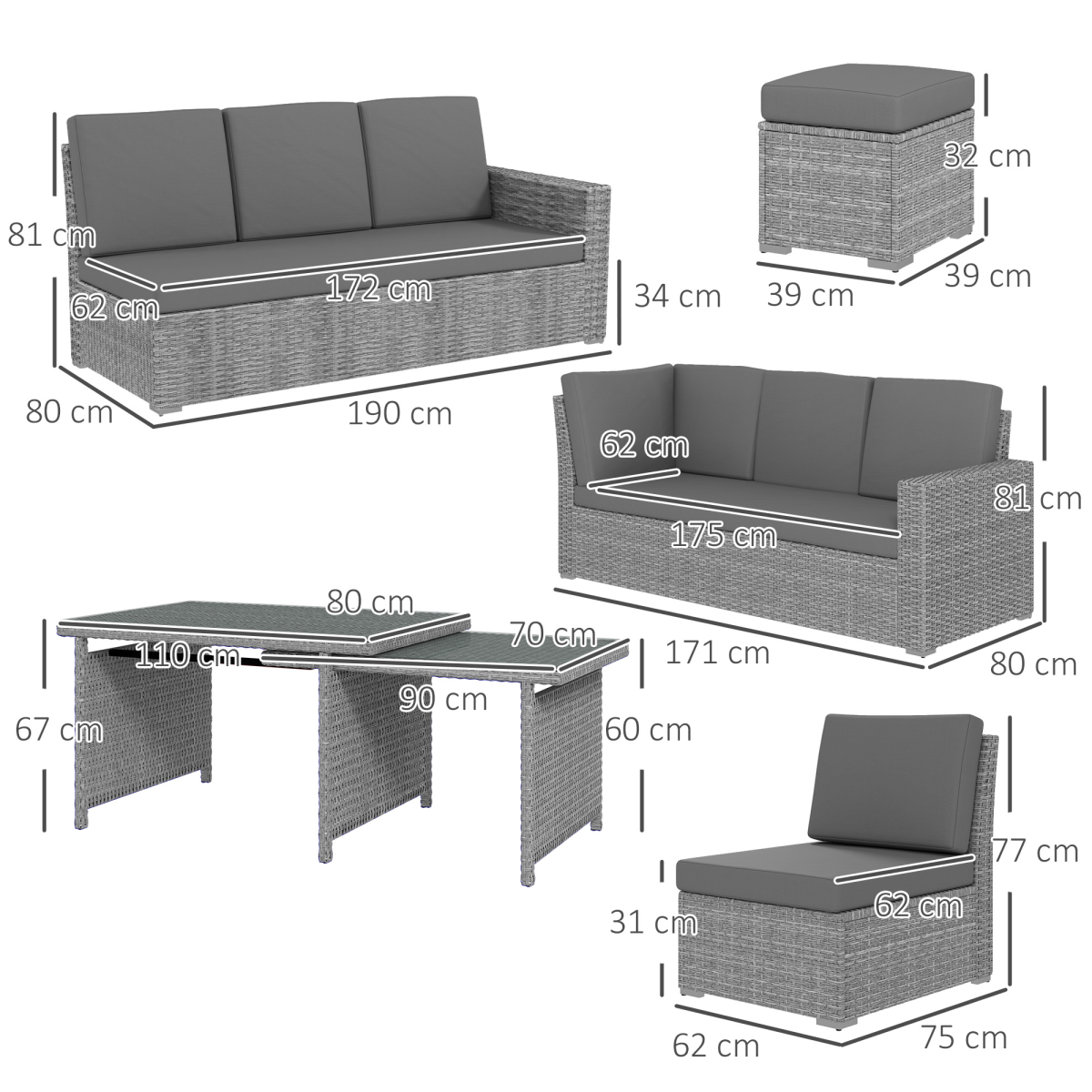 Outsunny 7-Piece Rattan Sofa Sectional Set with Cushions and Expandable Glass Table