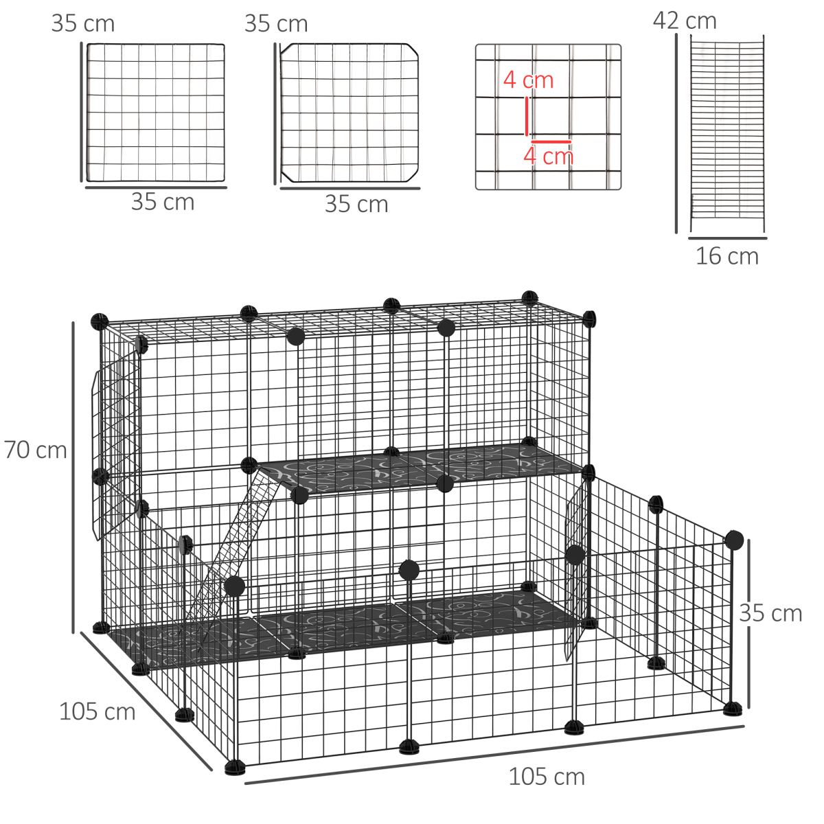 PawHut DIY Small Animal Playpen with 24 Wire Panels, 2 Door Panels, 5 Resin Panels, Ladder, Black