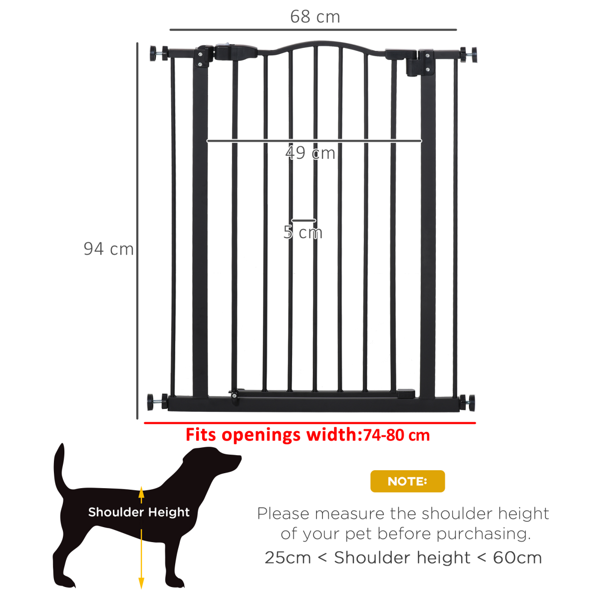 PawHut 74-80cm Adjustable Metal Pet Safety Gate with Auto-Close Auto-Locking Door, Black