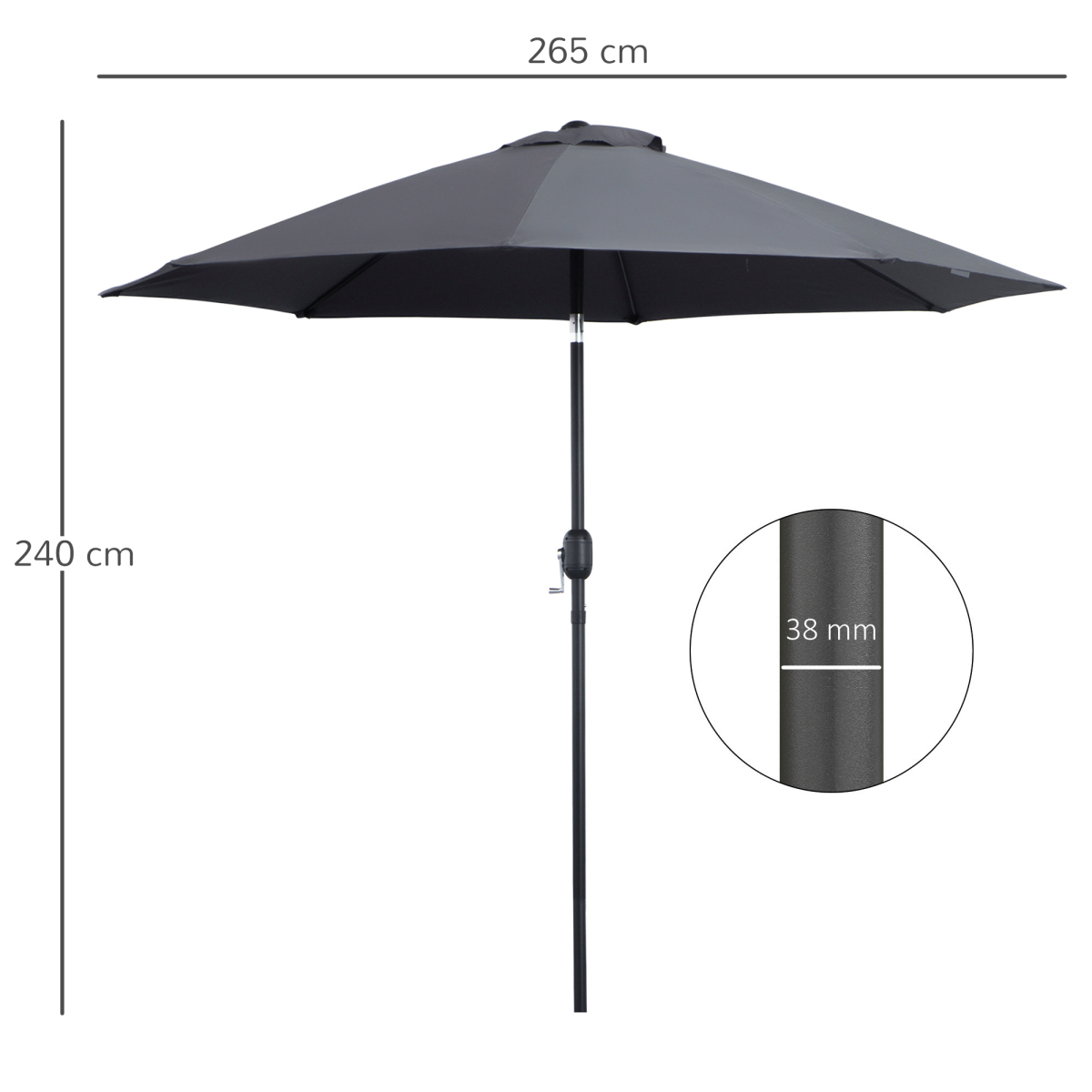 Outsunny 2.65m Patio Sun Umbrella Parasol with Tilt, Crank Handle, Aluminium Pole, Charcoal Grey