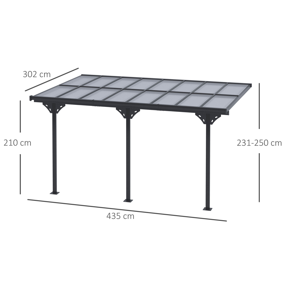 Outsunny Wall-Mounted Aluminum Patio Gazebo Pergola with Polycarbonate Roof, 4.35 x 3 m