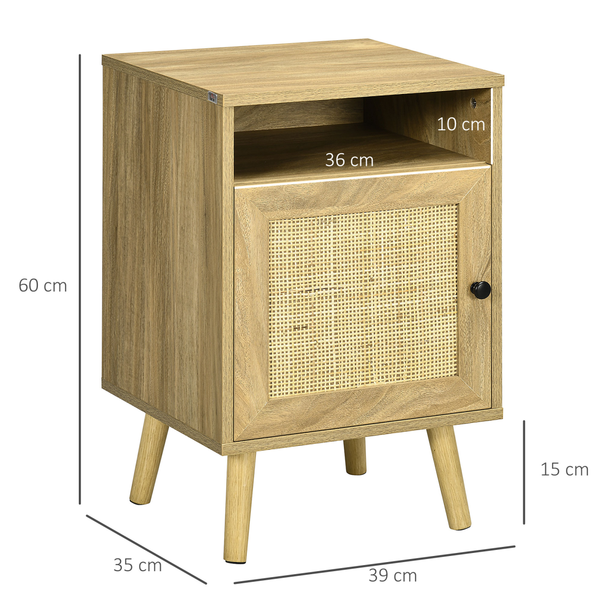 HOMCOM Rattan Nightstand with Cabinet & Shelf, Natural